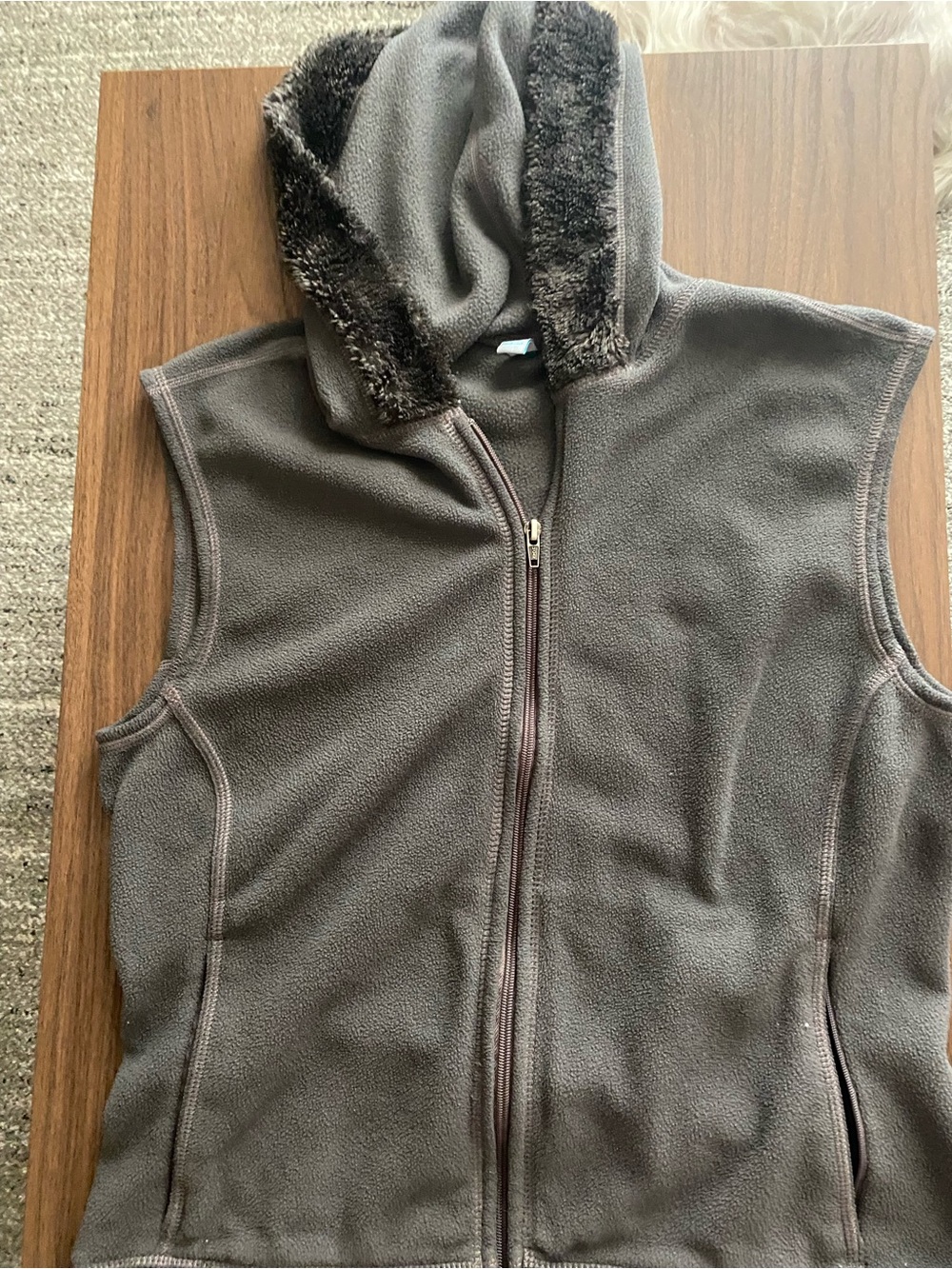 Patagonia (Water Girl) Brown Hooded Fleece Vest with Faux Fur Trim